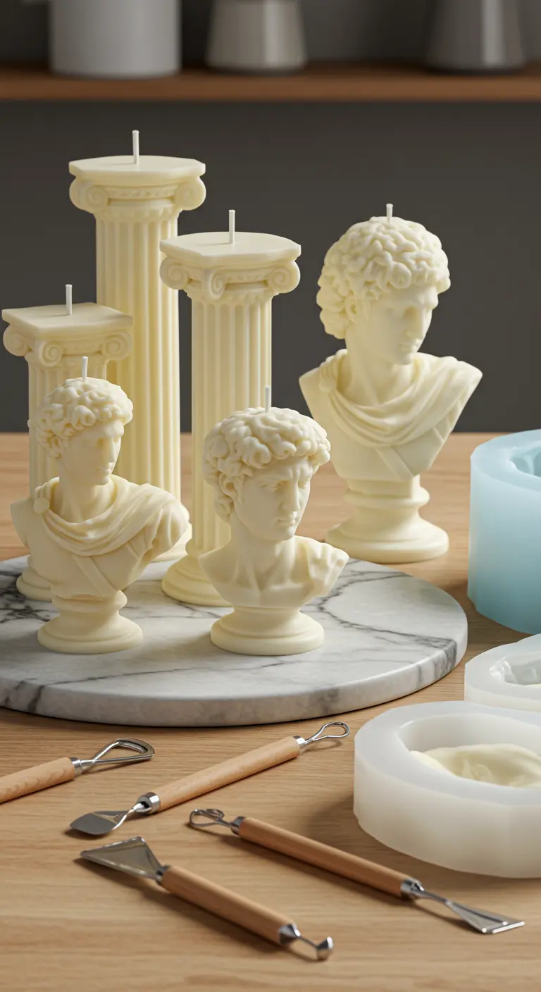 Velas caseras con formas de bustos y columnas de la Grecia clásica en color blanco marfil