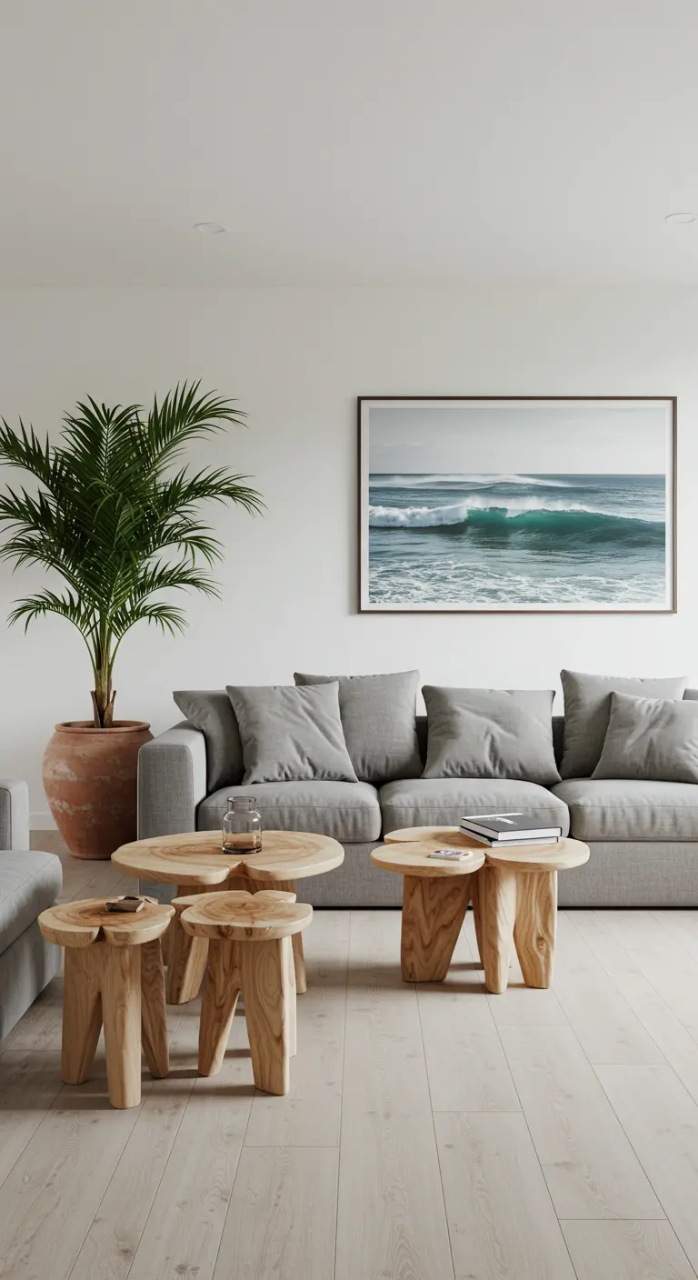 Salón con sofá gris, palmera en maceta de terracota y varias mesas auxiliares de madera.