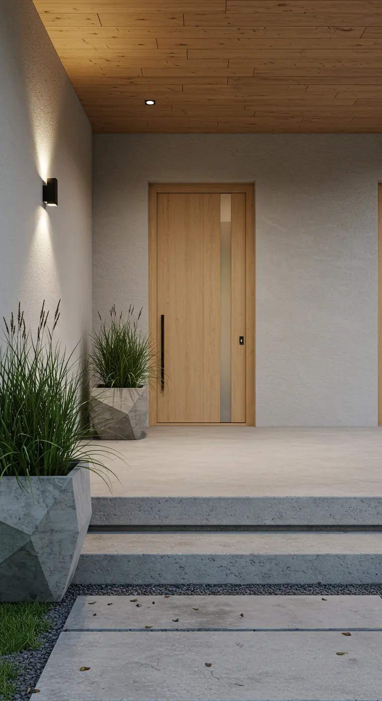 Entrada moderna con maceteros geométricos de cemento y puerta de madera de roble.
