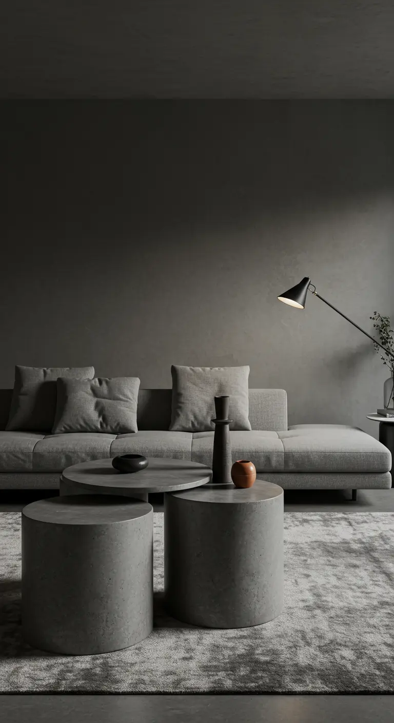Mesas nido cilíndricas de hormigón en un salón moderno de tonos grises