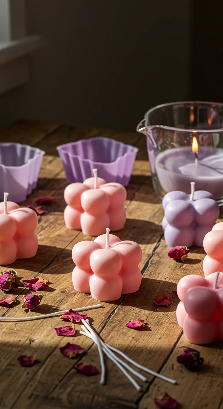 Velas caseras en forma de burbuja en tonos rosa y lila sobre una mesa de madera
