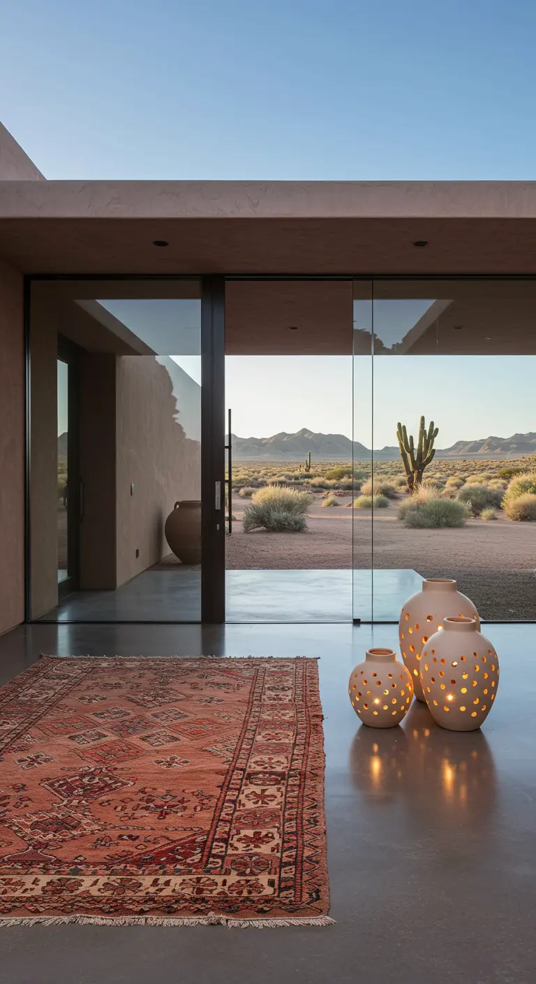 Alfombra persa junto a una cristalera con vistas al desierto y tres portavelas de cerámica iluminados