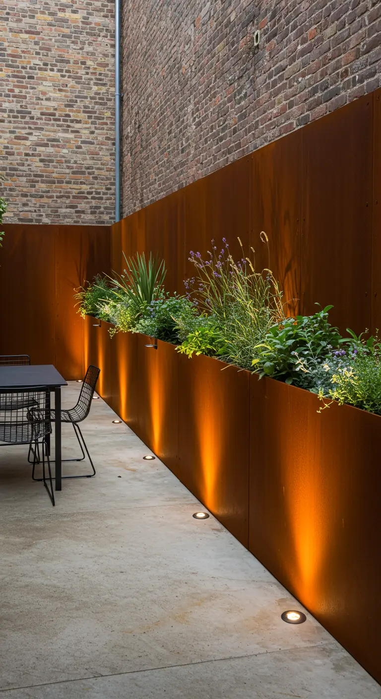 Focos en el suelo iluminando jardineras altas de acero Corten en un patio urbano.