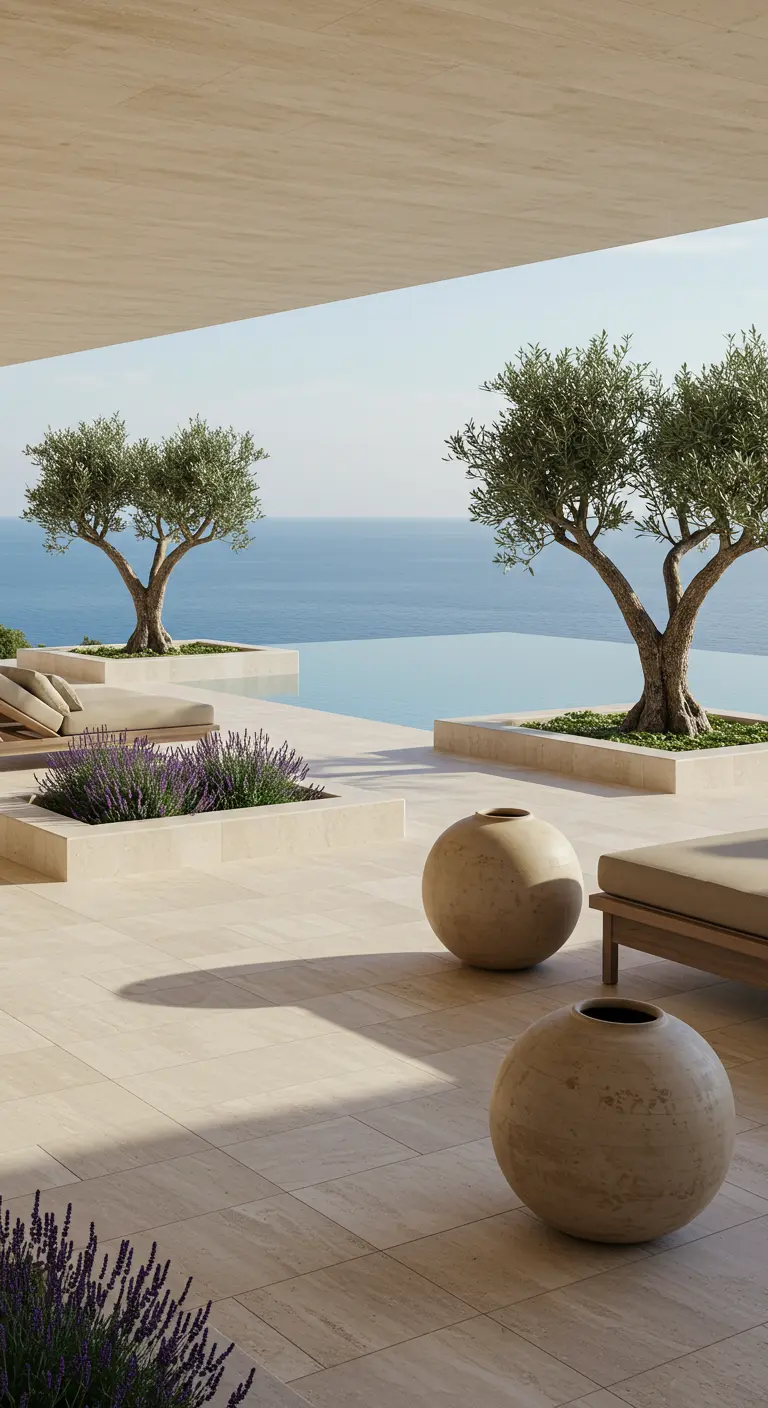 Terraza minimalista con piscina infinita, olivos y grandes maceteros esféricos de piedra.