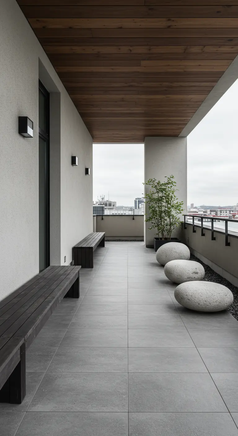Balcón largo y moderno con bancos de madera oscura, piedras blancas gigantes y una planta en maceta.