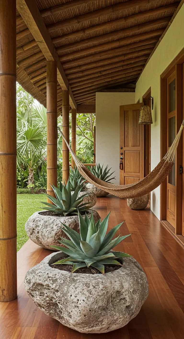 Porche de madera con grandes maceteros hechos de rocas naturales que contienen plantas de agave.