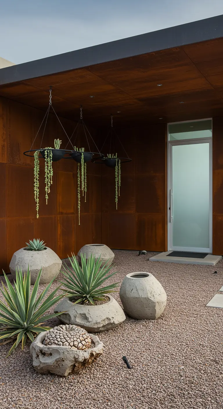 Entrada moderna con maceteros de cemento de formas geométricas y plantas colgantes de un soporte metálico.