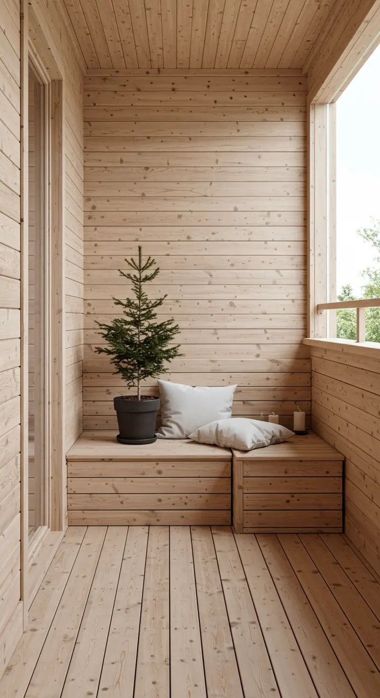Balcón minimalista revestido de madera con un banco bajo, cojines blancos y un pequeño pino.