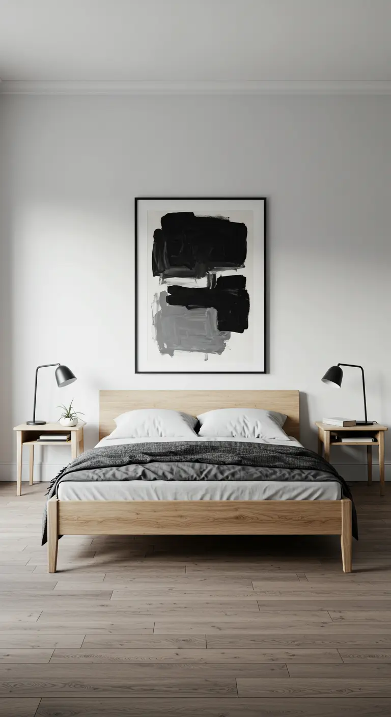 Dormitorio minimalista estilo Japandi con cama de madera clara y arte abstracto.