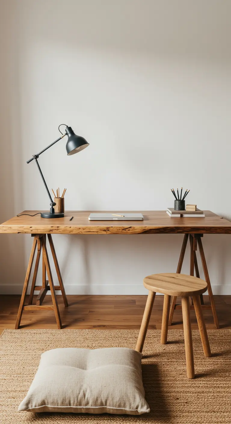 Escritorio de madera minimalista con caballetes, taburete y cojín en el suelo.