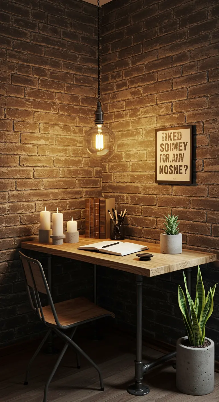 Escritorio industrial en una esquina con pared de ladrillo, iluminado por una bombilla colgante.