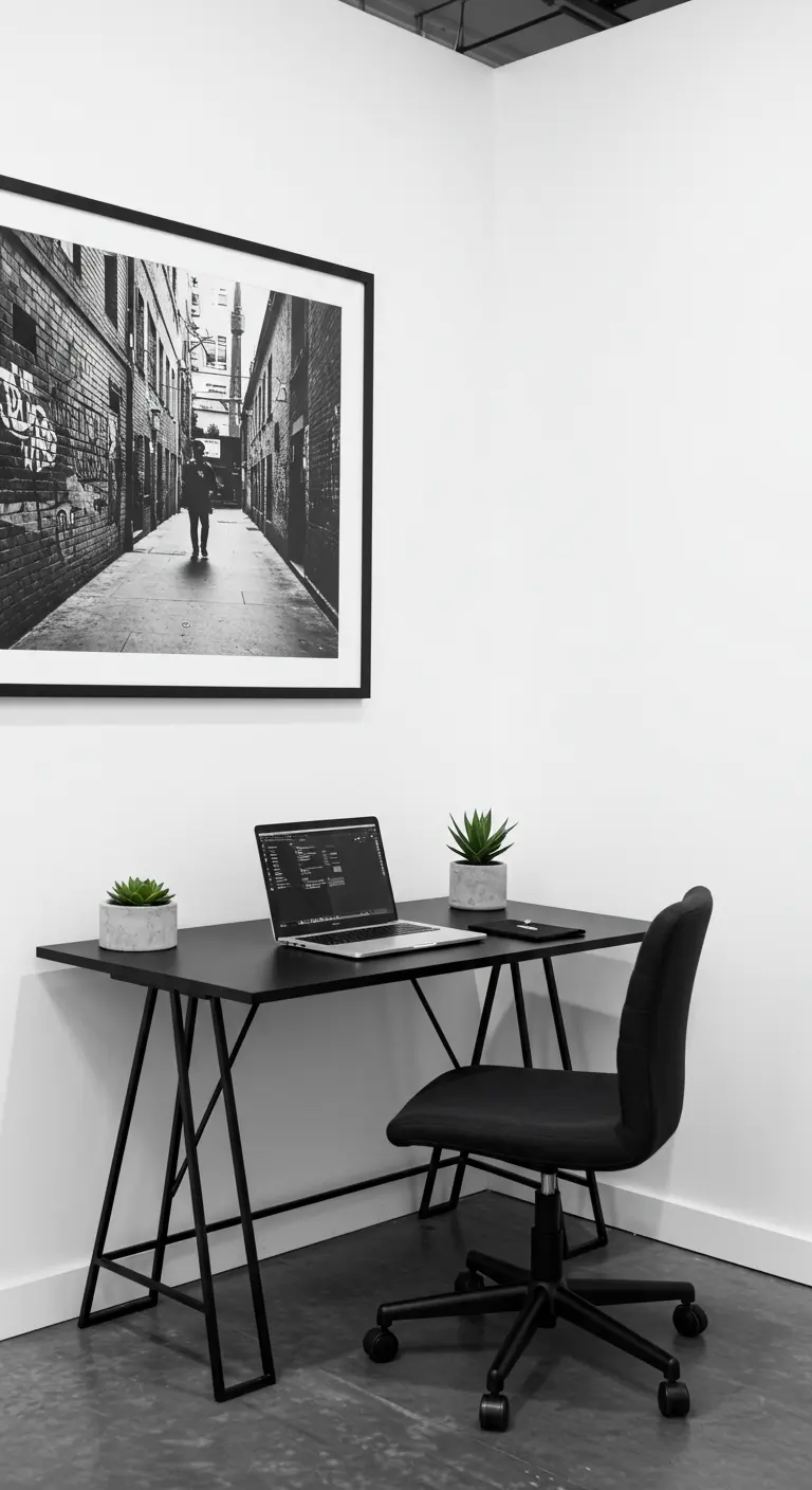 Rincón de oficina minimalista en blanco y negro, con una gran fotografía de una calle en la pared