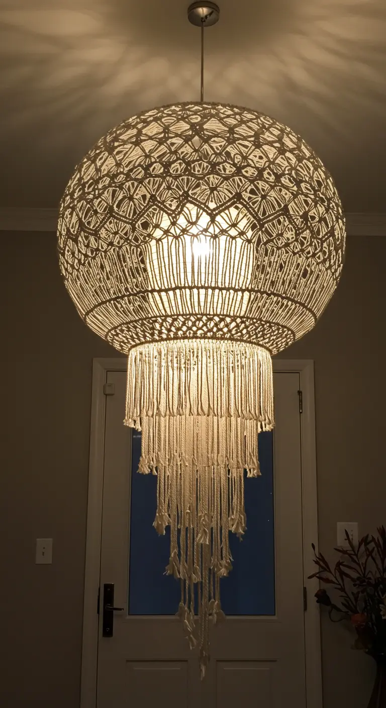 Gran lámpara de macramé esférica con flecos en cascada iluminada en un recibidor.