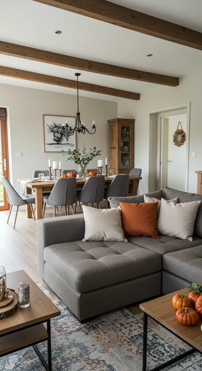 Sala y comedor de concepto abierto con un sofá gris, cojines naranjas y vigas de madera.