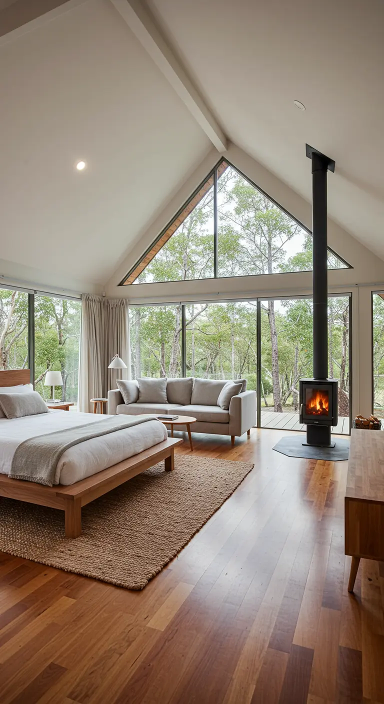 Dormitorio y sala de estar en un espacio abierto con estufa de leña y grandes ventanales.