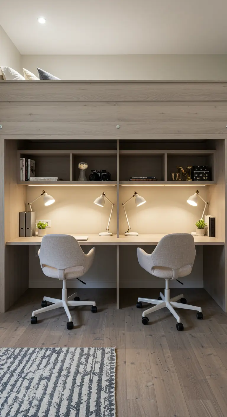 Cama alta con un largo escritorio debajo para dos personas, con sillas y lámparas idénticas