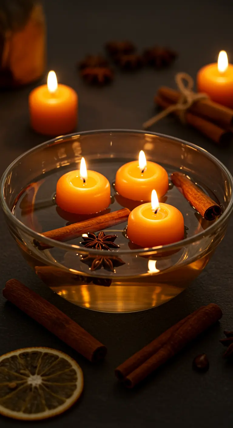 Bol de cristal con velas flotantes naranjas, ramas de canela y anís estrellado.