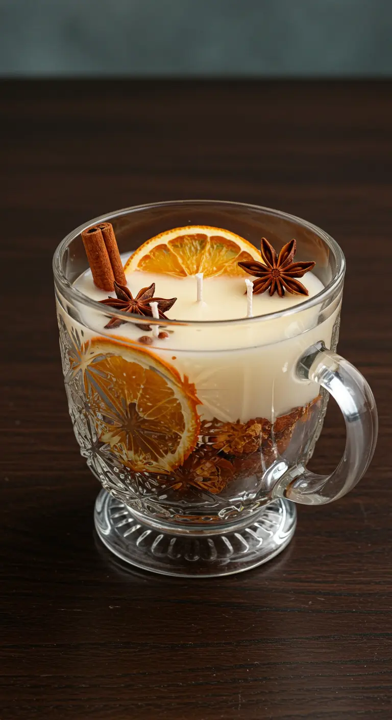 Vela en taza de cristal decorada con rodajas de naranja, canela y anís estrellado