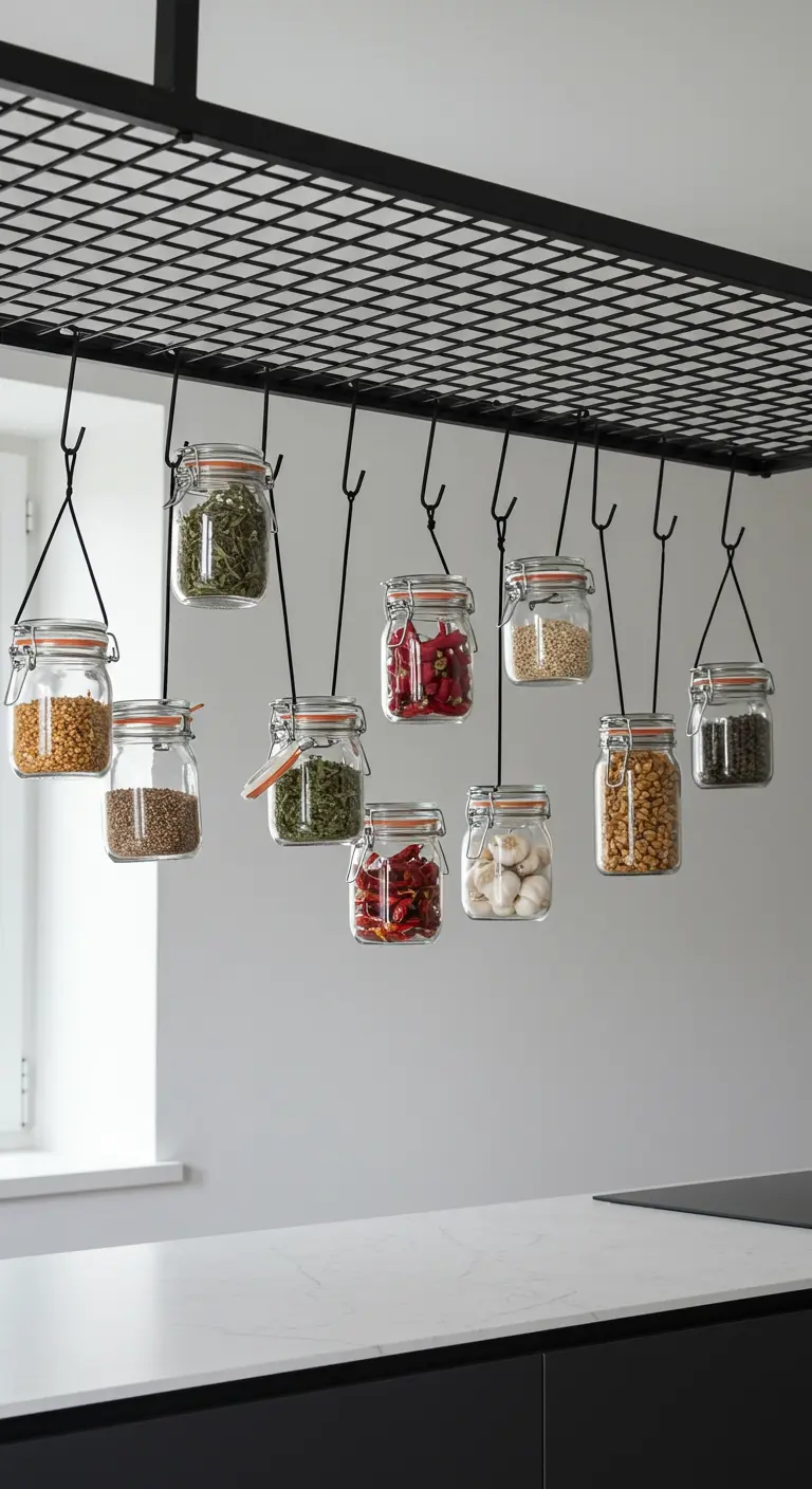 Pequeños frascos de especias colgando de una rejilla de metal negro suspendida del techo de la cocina.