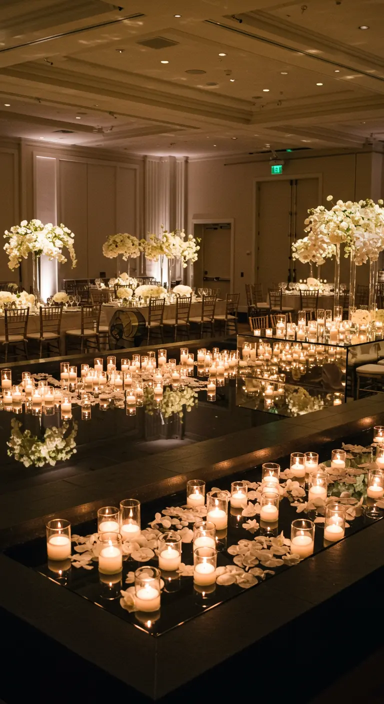 Piscina reflectante llena de velas flotantes y pétalos de flores blancas en una boda nocturna.