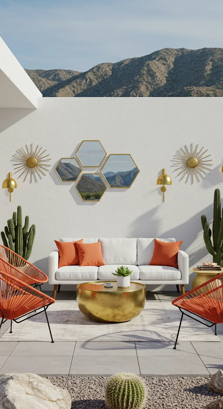 Patio de estilo desértico con pared blanca, sofá y una composición de espejos hexagonales dorados.