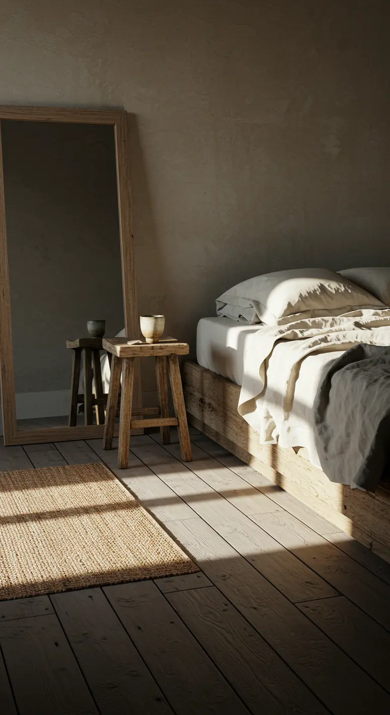Dormitorio wabi-sabi con espejo de madera apoyado en la pared y taburete rústico.
