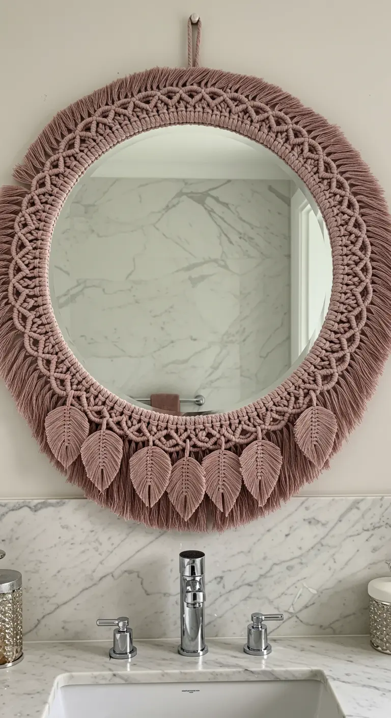 Espejo redondo con un elaborado marco de macramé rosa y pequeñas hojas colgando