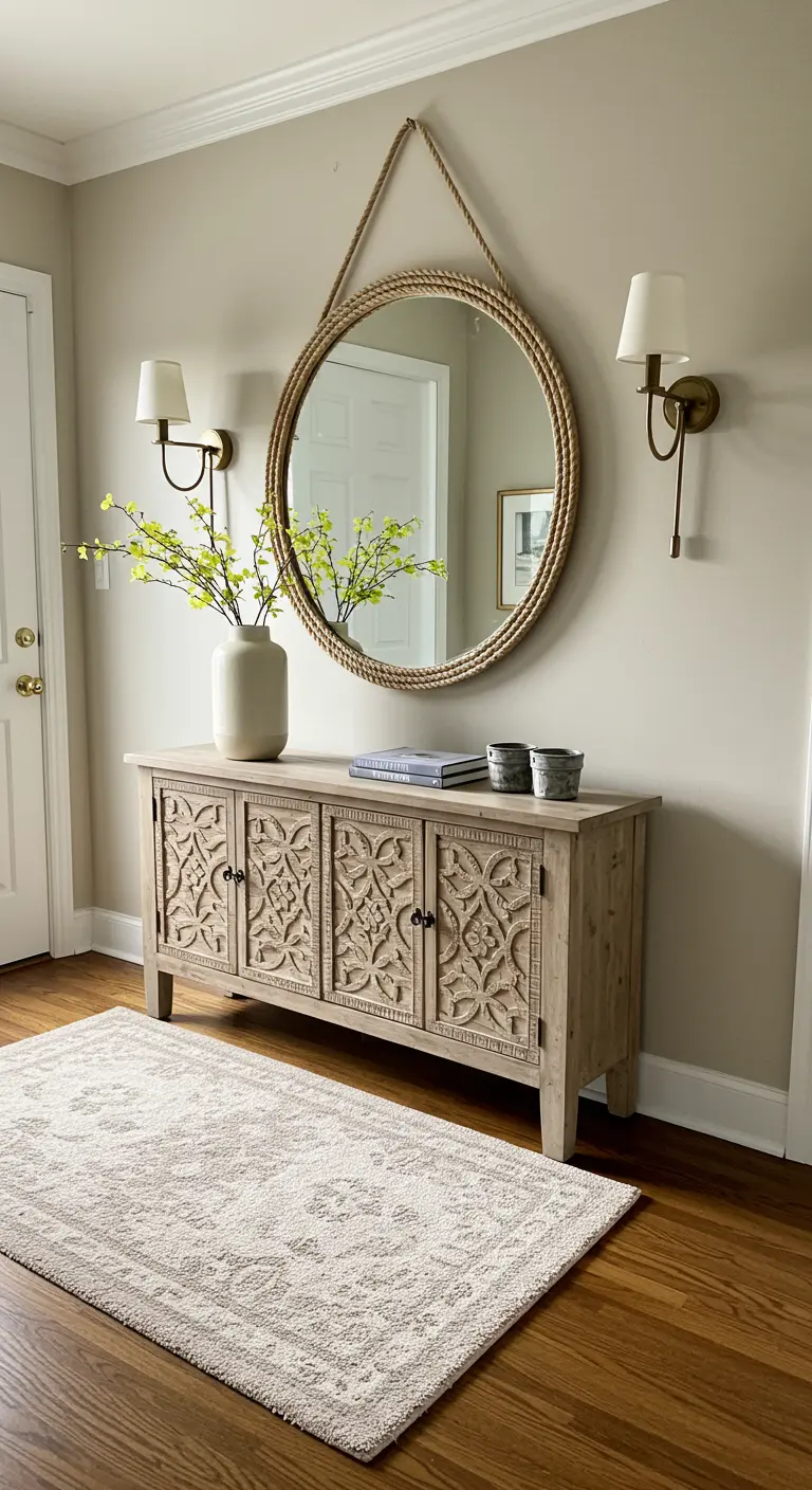 Espejo redondo con un grueso marco de cuerda de yute colgado en un recibidor.