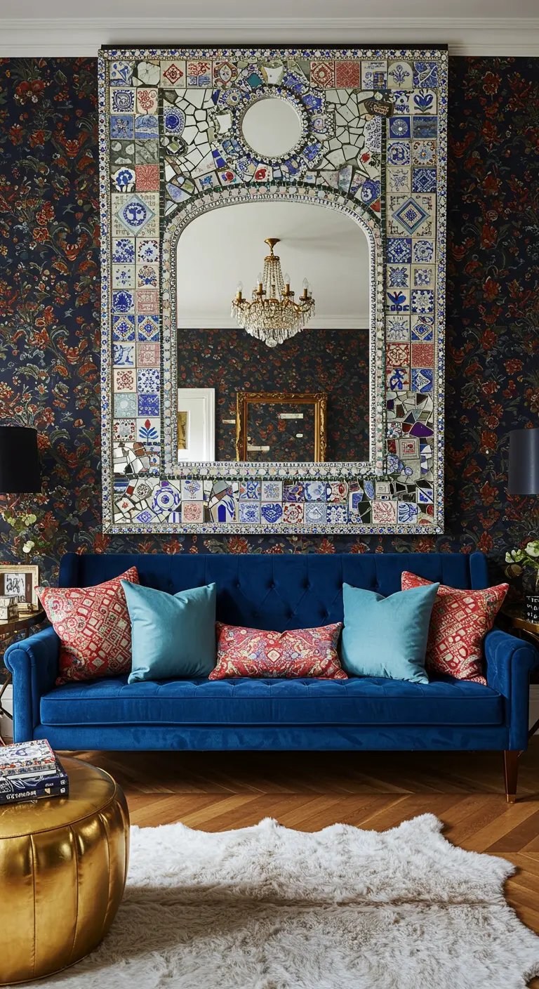 Espejo grande y ornamentado con un marco de mosaico de azulejos de colores sobre una pared con papel pintado.