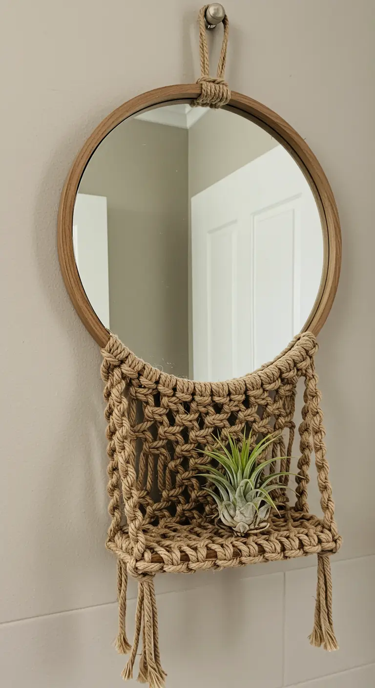 Espejo con marco de madera y un estante de macramé para una planta de aire.