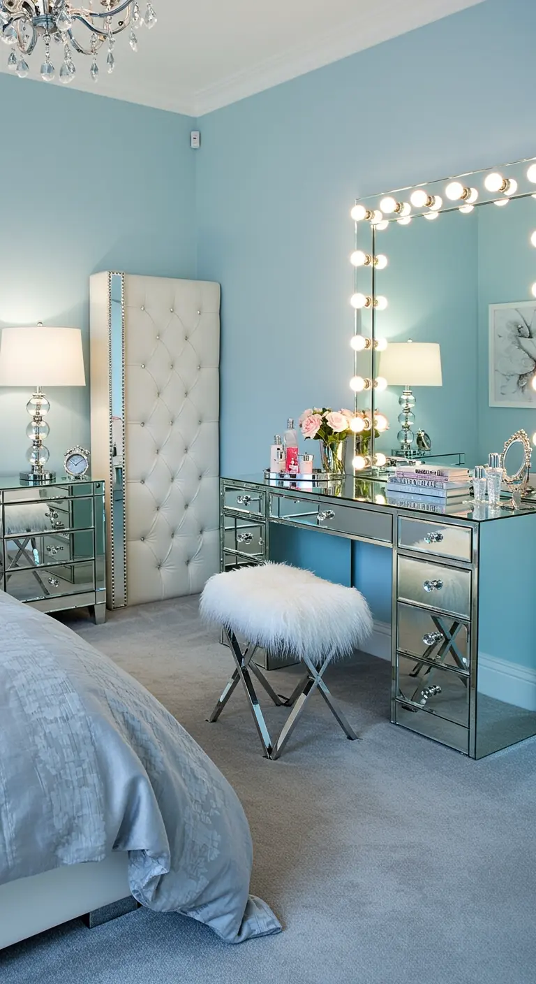 Rincón de tocador glamuroso con muebles de espejo, espejo con luces y paredes azul pastel.