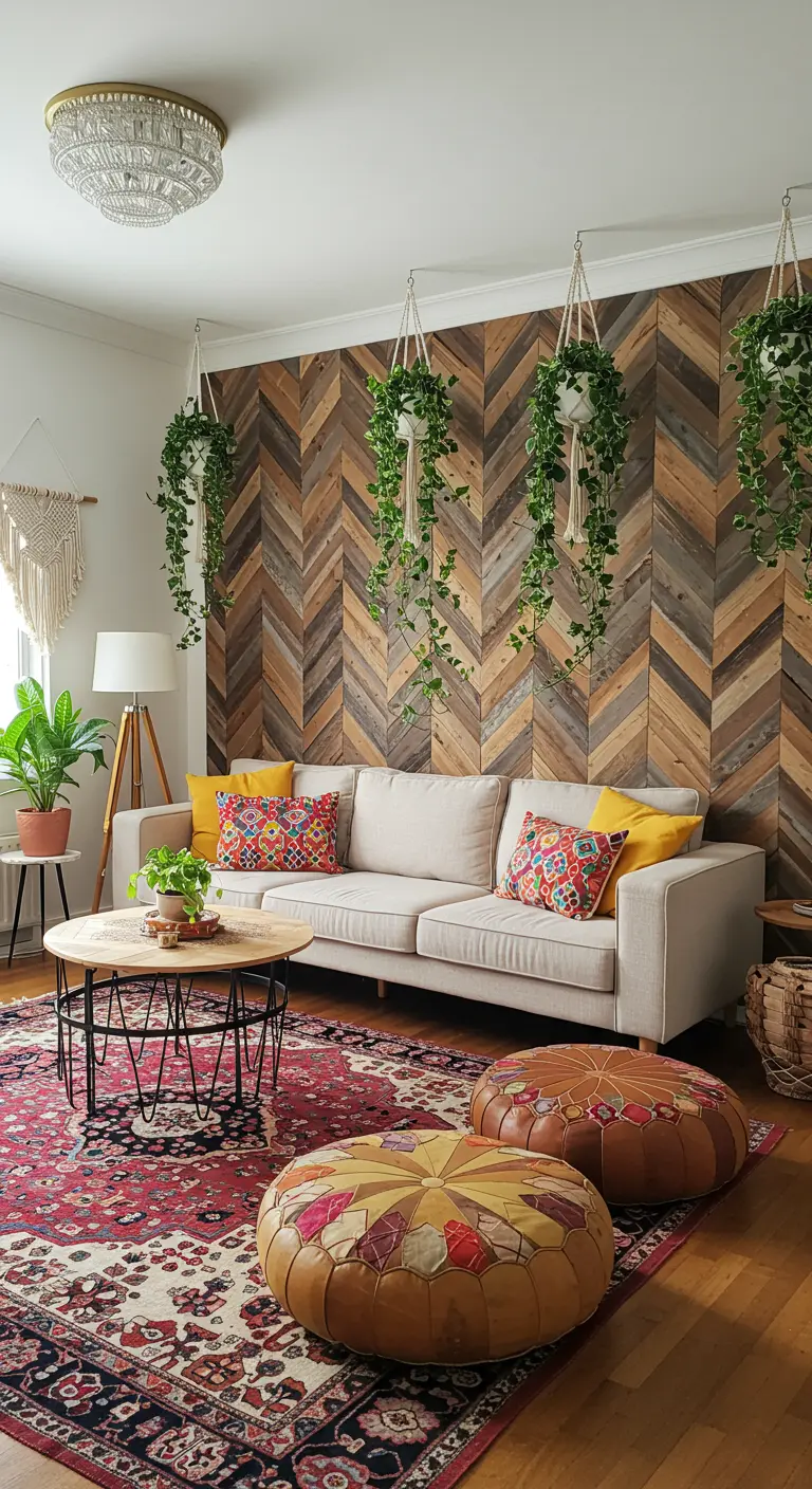 Pared de madera en patrón de espiga detrás de un sofá beige con cojines coloridos y plantas.