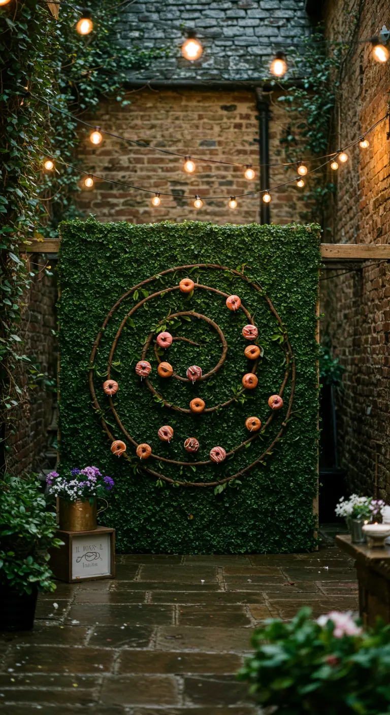 Donuts dispuestos en forma de espiral sobre una pared verde de hiedra en un patio de ladrillo.