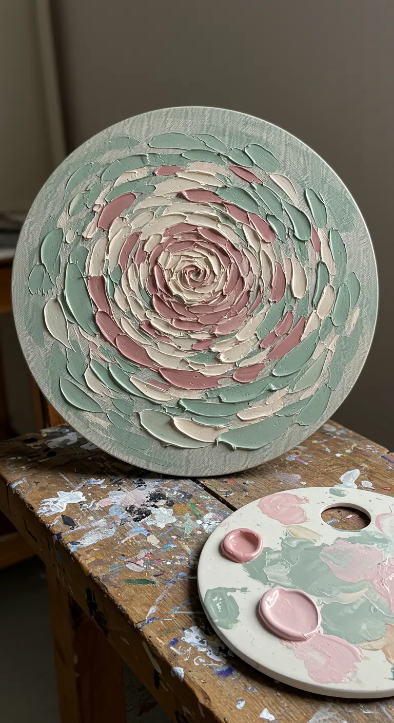 Pintura abstracta en lienzo redondo con textura en espiral.