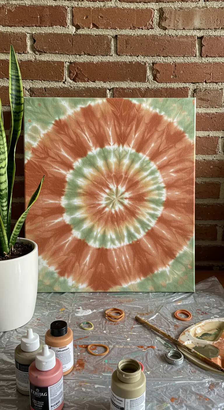 Lienzo tie-dye con espiral en tonos terracota y verde salvia sobre una superficie de trabajo.