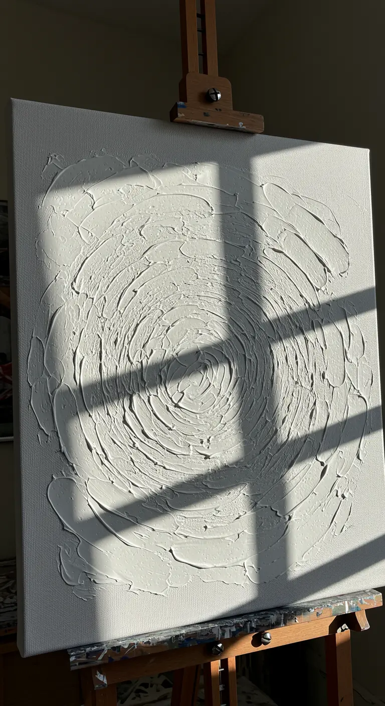 Lienzo con una espiral de textura blanca en relieve, iluminado por la luz de una ventana
