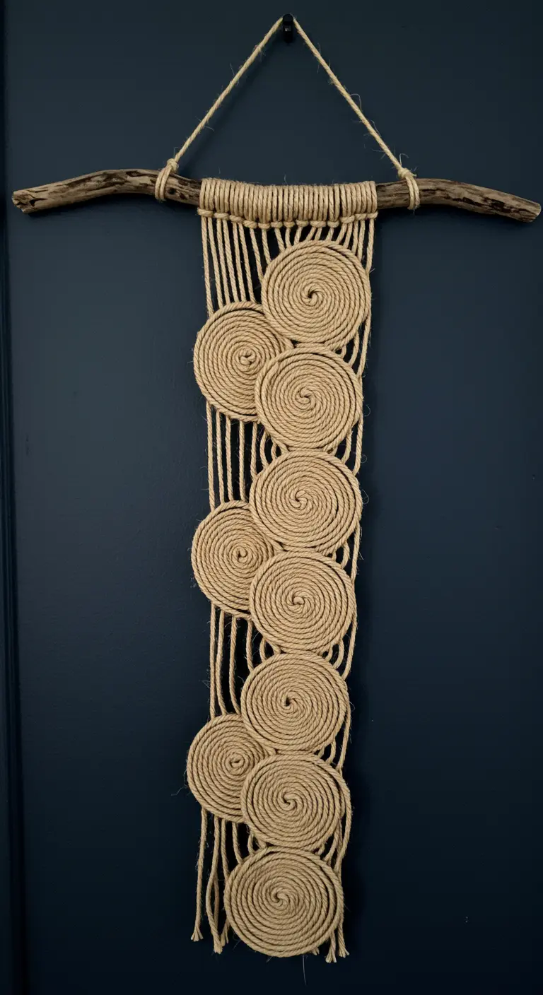 Tapiz de macramé con círculos en espiral hechos de cuerda de yute sobre una pared azul oscuro.