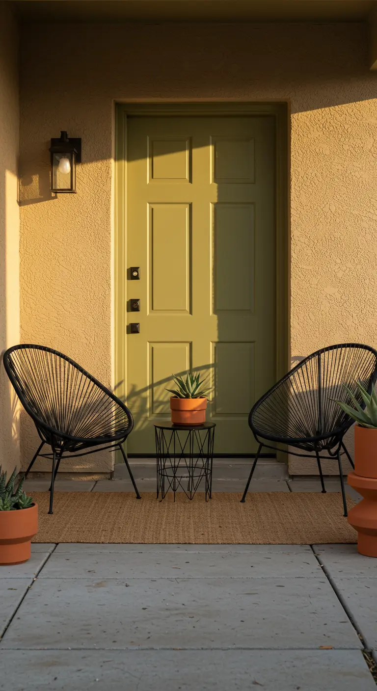 Porche de estilo bohemio con dos sillas Acapulco negras, puerta verde oliva y macetas de terracota.