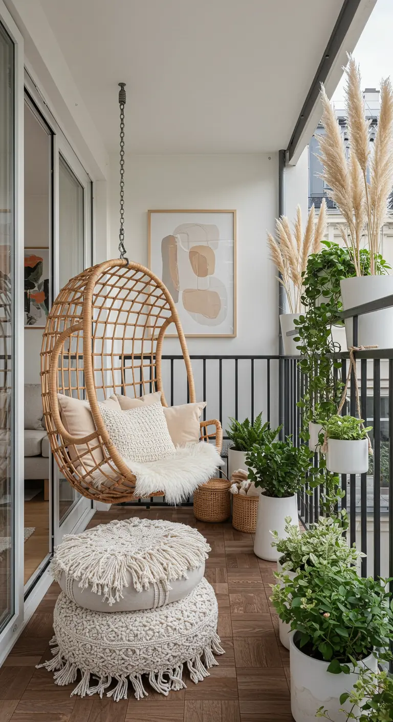 Balcón de estilo bohemio con una silla colgante de ratán, pufs de macramé y plantas verdes.