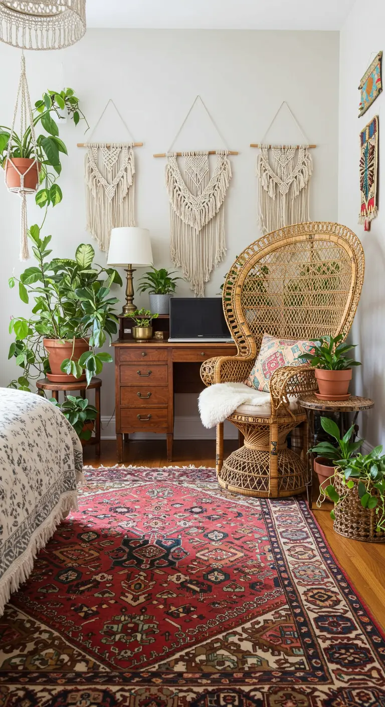 Rincón de trabajo bohemio con silla de ratán, escritorio de madera y tapices de macramé.