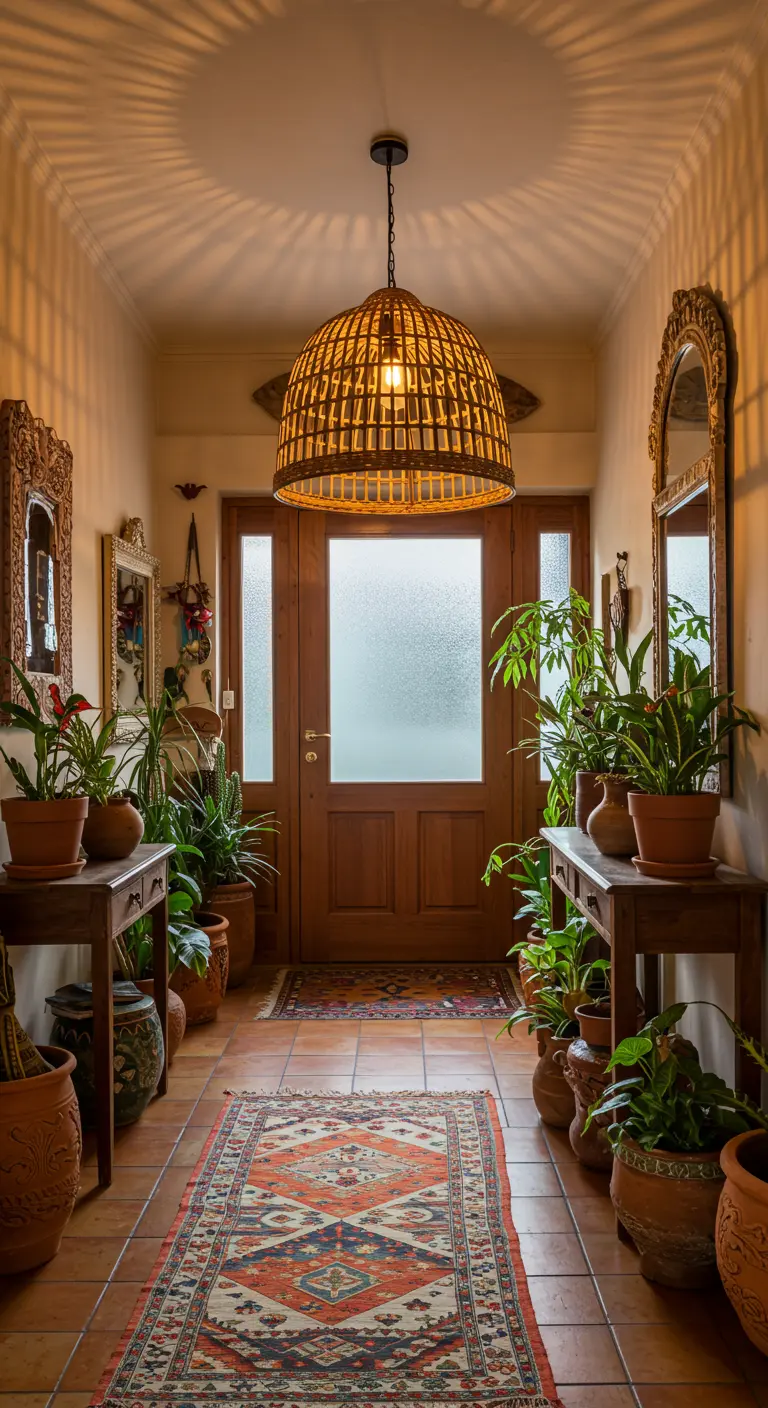 Lámpara colgante grande de mimbre en un recibidor bohemio con muchas plantas.