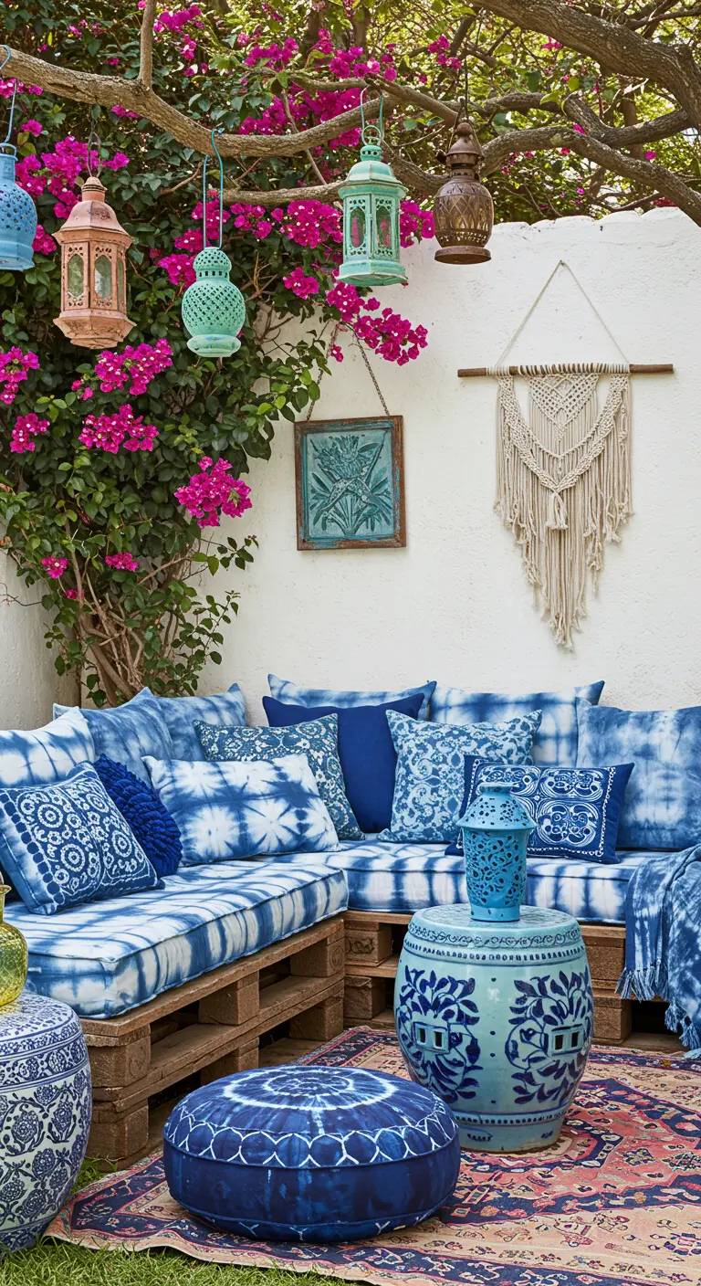 Patio boho con muebles de palets, cojines teñidos en azul, macramé y farolillos de colores.