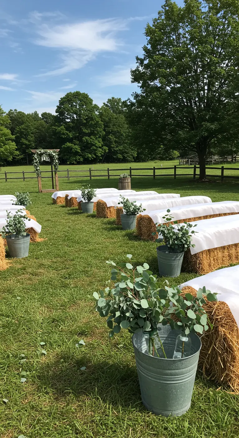 Balas de heno cubiertas con tela blanca como asientos y cubos de zinc con eucalipto.