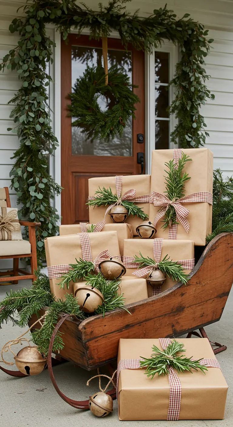 Un trineo de madera en un porche lleno de regalos con lazos de cuadros y romero.
