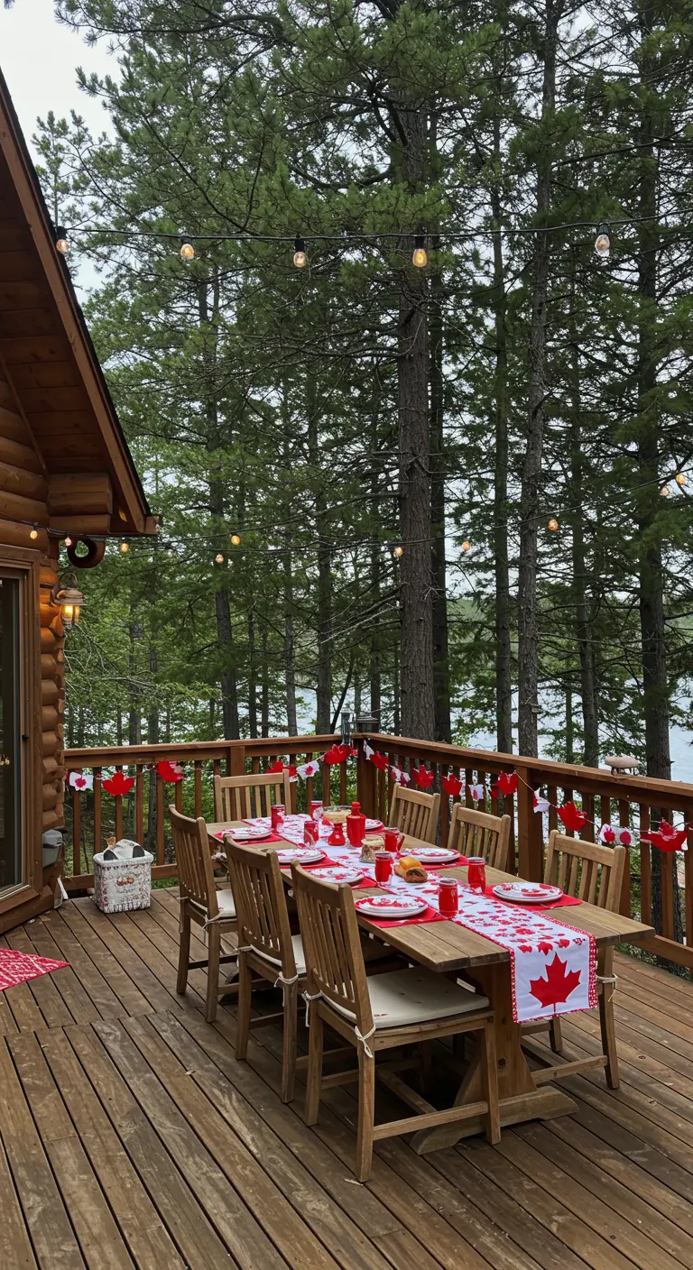 Porche de una cabaña de madera con una mesa de comedor y una guirnalda de hojas de arce rojas.