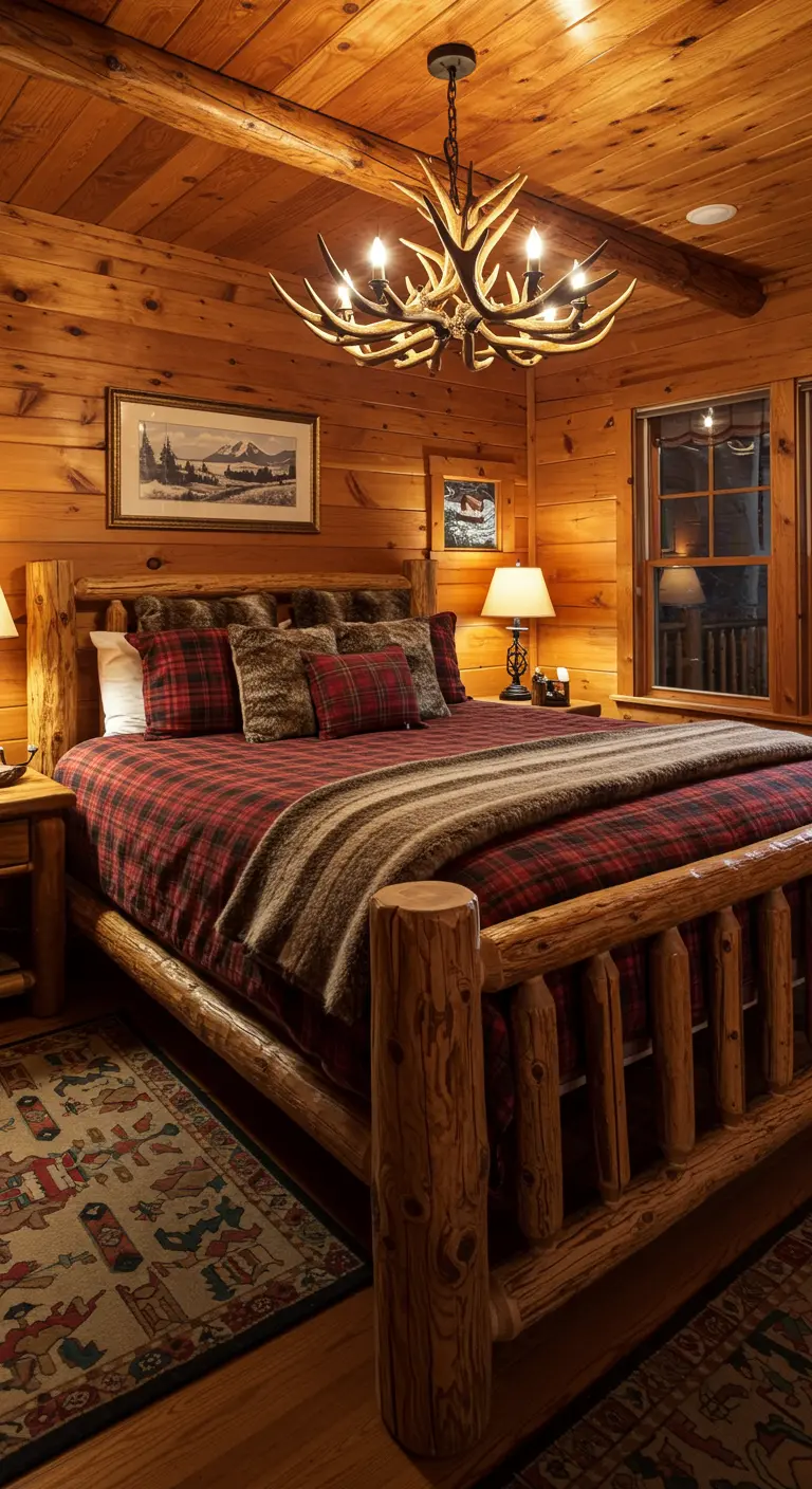 Dormitorio rústico tipo cabaña con cama de troncos, ropa de cama de cuadros rojos y cojines de piel.