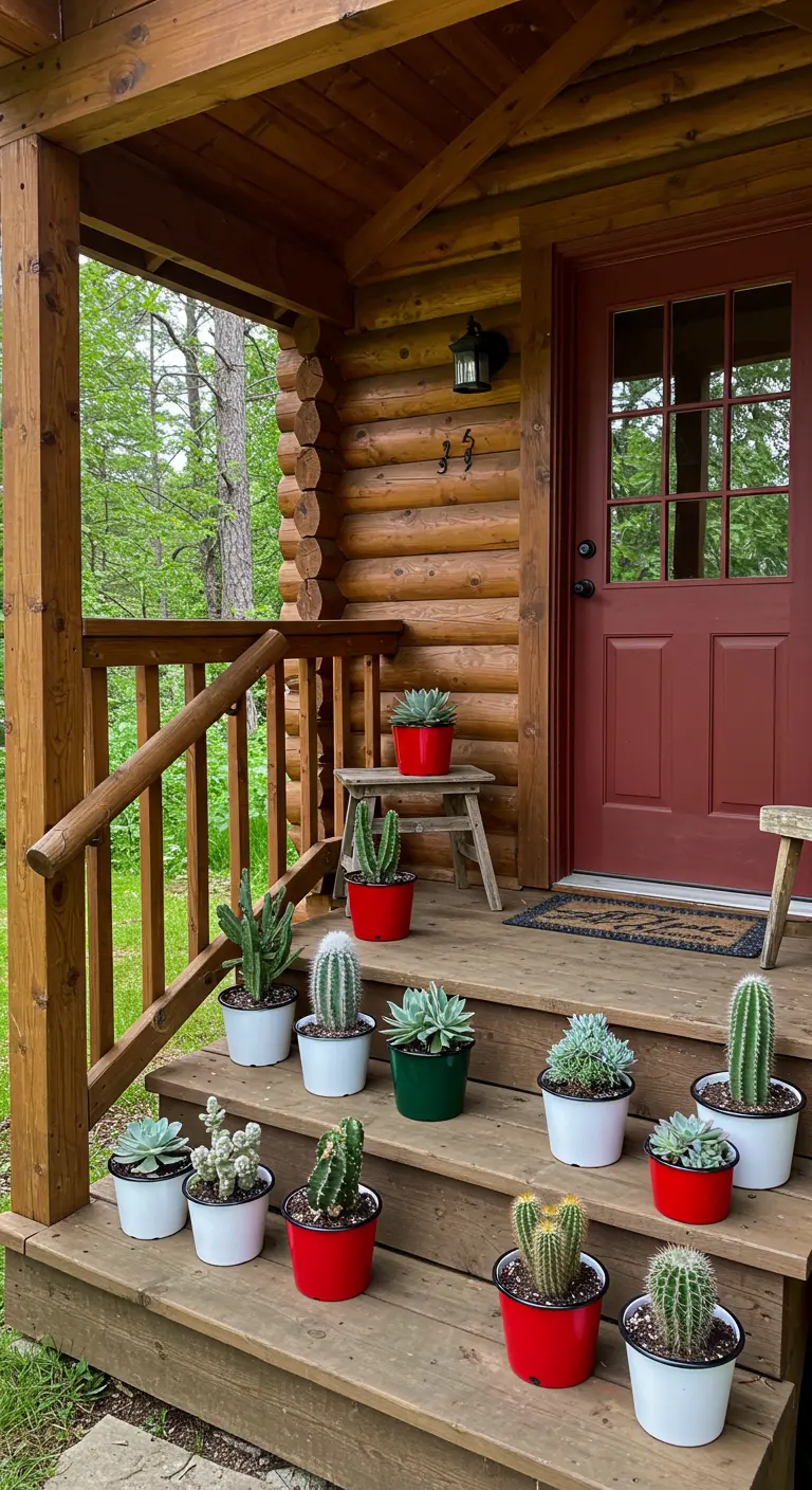 Escalones de una cabaña de madera decorados con macetas pequeñas de color rojo, blanco y verde con cactus.