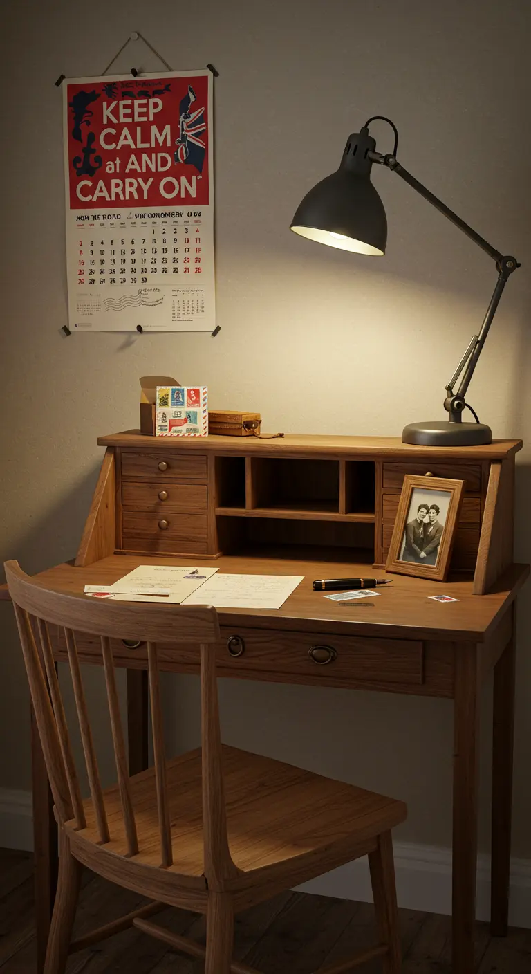 Escritorio de madera con el póster 'Keep Calm and Carry On' y una lámpara industrial negra.