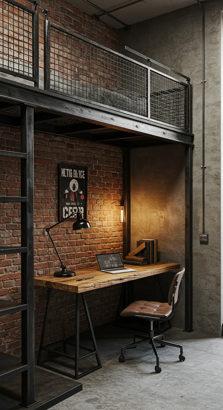 Cama alta de metal negro estilo industrial con escritorio de madera y pared de ladrillo