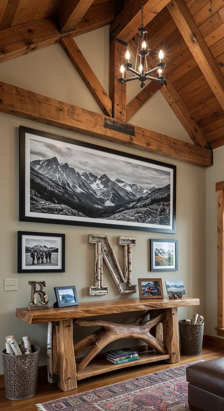 Recibidor rústico con una consola de madera, letras de abedul y una gran foto de montañas.
